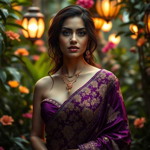 A woman is standing against a backdrop of lush greenery and hanging lanterns. She is wearing a purple saree with gold accents that drapes over her shoulders. The woman has dark hair styled in loose curls and is wearing earrings.