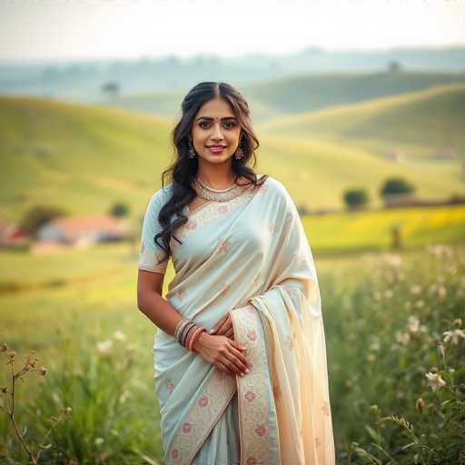 A young woman is standing in a field with her hands on her hips and looking directly at the camera. She is wearing a white saree adorned with pink flowers and gold accents, which contrasts beautifully against the green grassy hillside behind her. The background features rolling hills under a clear blue sky.