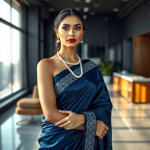A glamorous woman in a luxurious navy blue saree, adorned with silver thread and a pearl necklace, commands attention in a modern office. The sharp focus highlights her sophisticated presence against the sleek backdrop of minimalist decor and city views, bathed in soft, natural light. The image exudes a cinematic, corporate chic aesthetic.