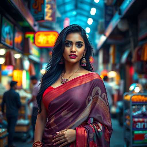 A captivating Indian courtesan commands attention in a vibrant, bustling market. Dressed in a bold, printed saree and trendy cropped blouse, she exudes charisma against the blurred backdrop of colorful stalls. The hyper-realistic image showcases a sharp focus on her, highlighting her striking features and the lively atmosphere.