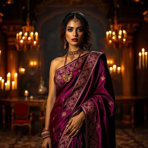 A woman is standing in front of a grand room with ornate decorations and chandeliers hanging from the ceiling. She is wearing a purple saree adorned with gold embroidery and a gold necklace. The woman has her hands placed on her hips and is looking directly at the camera, exuding confidence and elegance.
