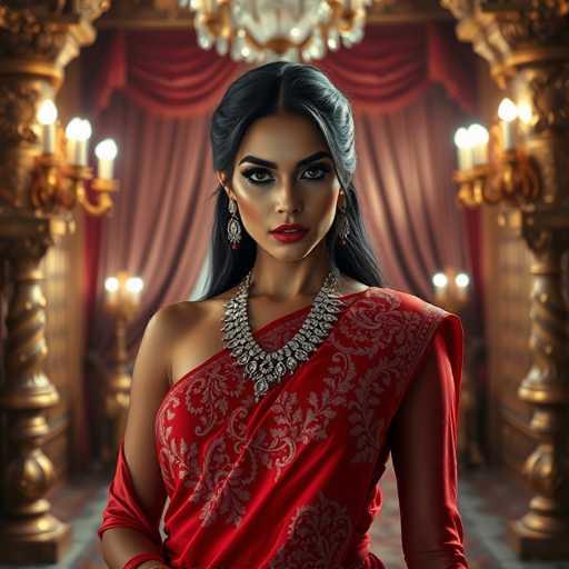 A captivating courtesan commands attention in a lavish, Indian-inspired palace. Draped in a vibrant red saree with silver embroidery and adorned with a dazzling diamond necklace, she exudes opulent glamour. Dramatic lighting highlights her bold makeup and creates a luxurious, cinematic atmosphere in the hyper-realistic image.