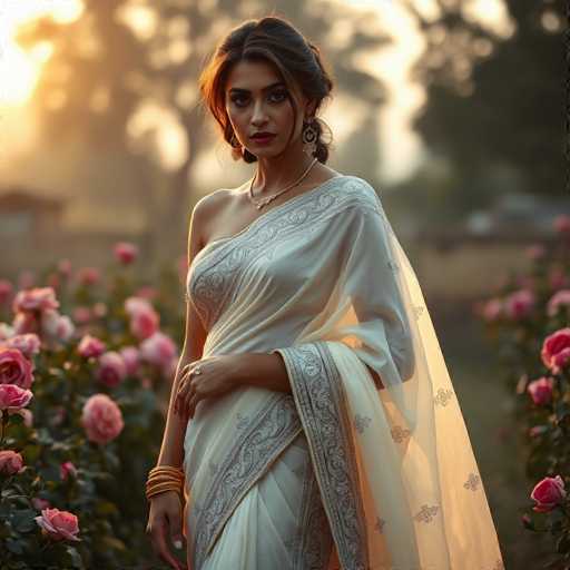 A captivating courtesan, draped in a stunning ivory saree with silver embroidery, stands gracefully amidst a vibrant rose garden bathed in warm sunset light. The soft focus background emphasizes the serene Indian countryside, creating a romantic and high-fashion portrait with a hyper-realistic, rustic charm.