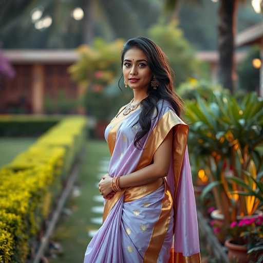 A young woman is standing on a sidewalk wearing a purple saree with gold accents and gold earrings. She has her hands tucked into the pockets of the saree and is looking directly at the camera. The background features a garden with yellow flowers and green bushes.