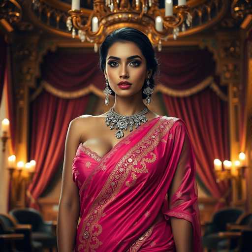 A woman is standing in front of a grand chandelier and red curtains, wearing a pink saree with gold embroidery and a necklace featuring large stones.