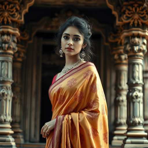 A young woman is standing in front of a temple entrance, wearing an orange saree with gold and red accents and a necklace. She has dark hair styled in an updo and is looking directly at the camera.
