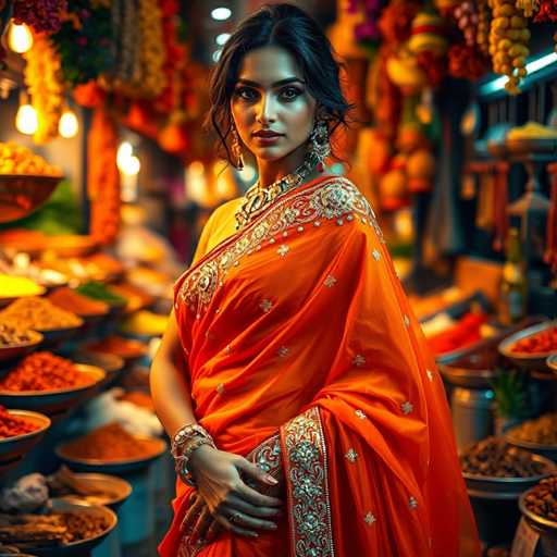 A woman is standing in front of a spice market stall, wearing an orange saree with gold and white embroidery. She has dark hair styled in an elegant updo and is wearing earrings. The background features various spices and herbs displayed on shelves behind the woman.