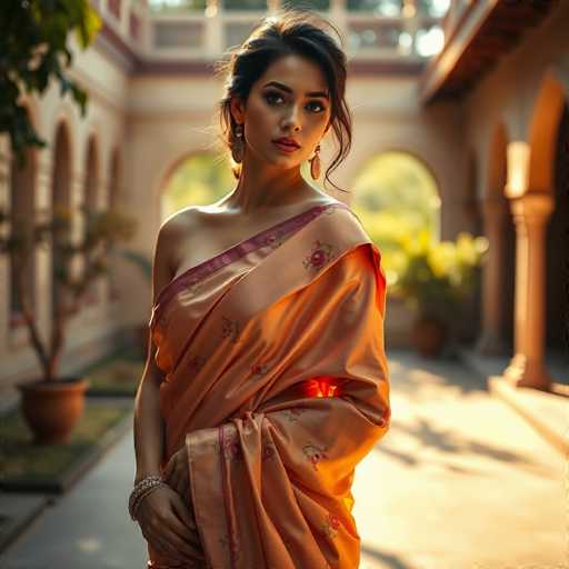 A captivating courtesan, draped in a luxurious peach silk saree adorned with delicate floral patterns, commands attention in a sun-drenched courtyard. The warm light highlights her elegant pose and the intricate fabric, creating a serene yet alluring portrait with a hyper-realistic, high-fashion aesthetic.