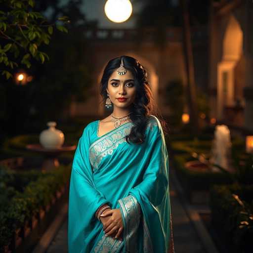 A captivating Indian woman, adorned in a vibrant turquoise and silver saree, graces a moonlit Mughal garden. The image showcases her elegant allure with sharp focus, set against a softly blurred backdrop of lush greenery and gentle fountains. Dreamy lighting creates a cinematic atmosphere, highlighting the hyper-realistic details of her pose and jewelry.