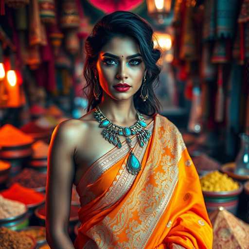 A captivating courtesan, draped in a vibrant orange saree with intricate silver work and adorned with a bold turquoise necklace, commands attention in a bustling Indian marketplace. The hyper-realistic image showcases a dramatic interplay of light and shadow, highlighting the rich textures of spices and textiles in a cinematic, cultural fusion style.
