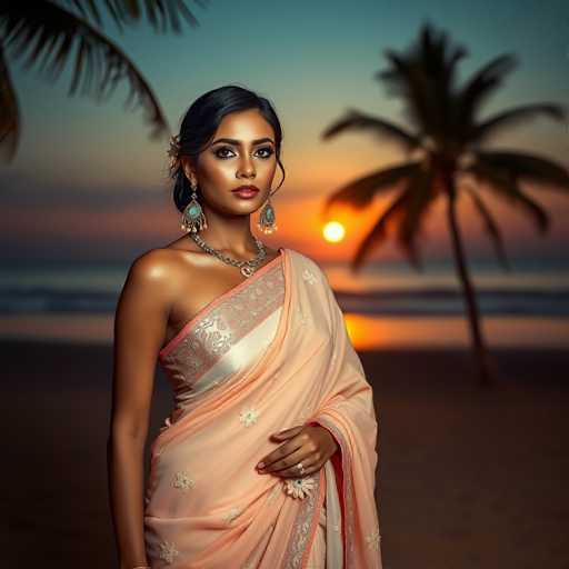 A stunning, glamorous woman in a peach and cream saree with delicate floral embroidery stands on a sun-kissed Indian beach. The warm, soft lighting creates a romantic, cinematic atmosphere with a sharp focus on the subject. A vibrant sunrise illuminates the backdrop of gentle waves and palm trees, showcasing a hyper-realistic, idyllic scene.