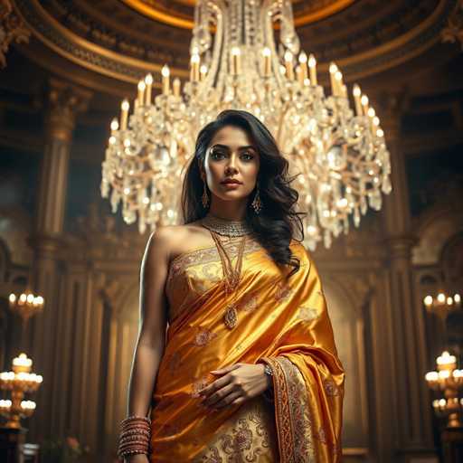A woman is standing in front of a large chandelier and a grand room with ornate columns. She is wearing an orange saree adorned with gold embroidery and a gold necklace. The background features a large chandelier that casts a warm glow over the scene, highlighting the intricate details of the room's architecture.