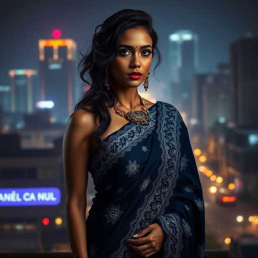 A woman is standing on a rooftop at night, wearing a blue saree with intricate designs and gold accents. She has dark hair styled in loose waves and is wearing earrings that complement her outfit. The city skyline forms the backdrop of the image, creating an urban setting for this nighttime portrait.