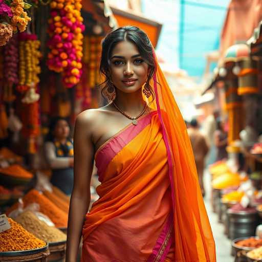 A young woman wearing an orange saree stands confidently in a bustling market, her gaze meeting the camera with a warm smile. The vibrant colors of her attire contrast beautifully against the backdrop of the market stalls filled with various items such as spices and fruits.