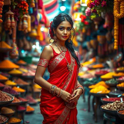 A captivating Indian princess, adorned in a vibrant red saree with intricate silver embroidery, stands at the heart of a bustling marketplace. Surrounded by colorful spices and flowers, she exudes elegance in this high-fashion, eclectic portrait. The dynamic lighting highlights her sensual beauty amidst the lively, vibrant scene.