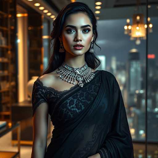 A woman is standing against a city skyline backdrop with her hair styled in loose waves and wearing a black saree adorned with intricate lace designs on the sleeves. She is also wearing a necklace featuring large pearls and earrings that complement her attire. The image does not contain any discernible text, but it appears to be a high-quality portrait of the woman captured from a low angle, giving an upward view of her figure against the cityscape backdrop.
The city skyline in the background is illuminated by streetlights, creating a captivating contrast with the dark attire of the woman and adding depth to the image.