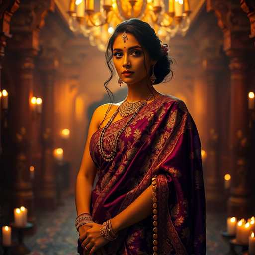 A woman is standing in front of a large chandelier and ornate columns, wearing a purple saree with gold accents and gold jewelry.