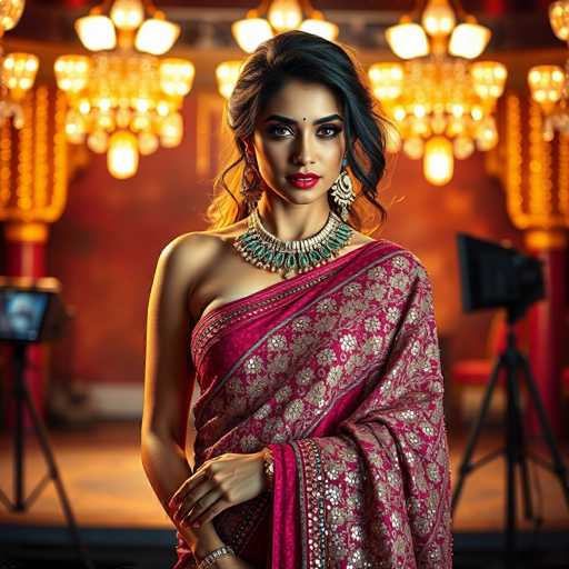 A woman is standing against a red wall with gold accents and wearing a pink saree adorned with gold embroidery. She is also wearing a necklace and earrings. The background features a chandelier hanging from the ceiling and a tripod set up in front of it.