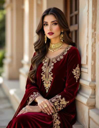 A stunning Pakistani woman commands attention in a rich crimson velvet Shalwar Kameez, adorned with intricate gold embroidery. Draped against a vintage colonial mansion backdrop, her dewy skin and berry-toned lips are highlighted by soft natural lighting. The shallow focus emphasizes the model's elegance, showcasing a professional studio portrait with a classic, glamorous aesthetic.