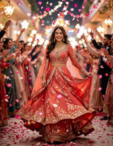 A radiant Pakistani woman in a coral Shalwar Kameez, adorned with golden embellishments, dances joyfully amidst a celebratory wedding procession. Surrounded by falling flower petals and blurred figures, the hyperrealistic image captures her vibrant expression and the dynamic movement of the moment. The art style emphasizes intricate detail and a sense of joyful motion.