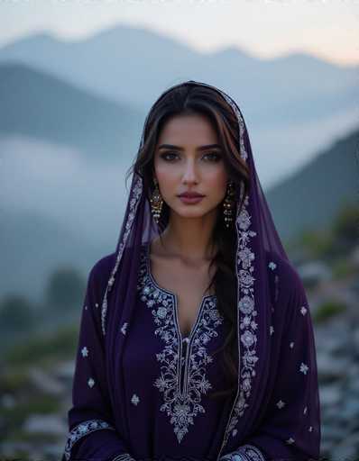 A captivating Pakistani woman in a deep purple Shalwar Kameez with intricate silver threadwork stands in a misty mountain pass at sunrise. The soft glow on her skin and the ethereal fog create a moody, cinematic realism. Her eyes reflect the atmospheric mist, drawing the viewer into this serene and mysterious scene with a shallow depth of field.