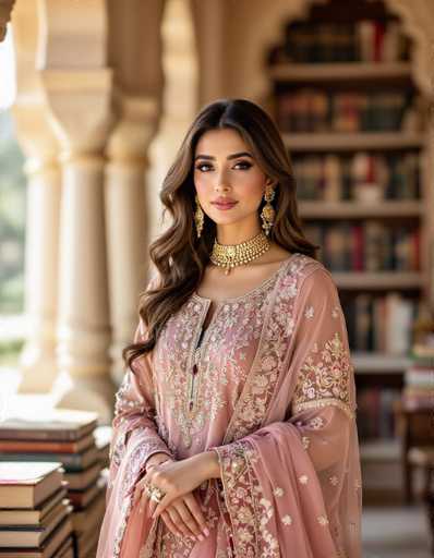 A stunning Pakistani woman in a rose-gold Shalwar Kameez with intricate beadwork commands attention. She stands confidently amidst stacked books in a heritage library, bathed in soft morning light. The editorial shot showcases her elegant attire and poised demeanor, creating a captivating portrait with a warm, timeless aesthetic.