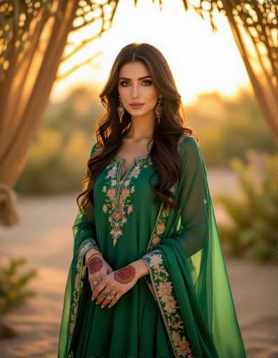 A captivating Pakistani woman in a flowing emerald green Shalwar Kameez is the focal point, bathed in warm sunset light within a desert garden. Her intense gaze and delicate henna patterns on her hands enhance the allure, while the soft silk fabric catches the gentle breeze. The image showcases a cinematic depth of field and hyperrealistic photography, emphasizing the subject's elegance.