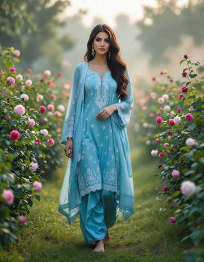 A serene, high-resolution photorealistic image captures a sultry Pakistani woman in a sky-blue Shalwar Kameez, walking barefoot through a misty rose garden at dawn. The soft bokeh emphasizes the ethereal atmosphere, with long, cascading dark hair and subtle jasmine fragrance creating a dreamy, intimate scene. The focus is on the woman's graceful movement within the blooming floral setting.