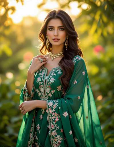 A captivating Pakistani woman graces the frame in a flowing emerald green Shalwar Kameez, bathed in warm golden hour sunlight. Her smoldering gaze and intricate embroidery glow against a lush garden backdrop, the soft breeze delicately lifts her dupatta. The image embodies a Vogue-esque cinematic realism with a shallow depth of field, emphasizing the model's allure.