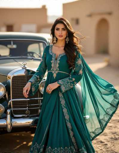 A stunning Pakistani woman in a deep teal Shalwar Kameez with intricate lace sleeves poses beside a vintage car in a desert village. The wind playfully lifts her sheer dupatta, creating a nostalgic ambiance bathed in warm golden light. The high-resolution realism captures the elegant details and serene beauty of the scene.