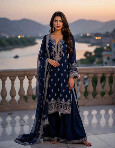 A sultry Pakistani woman in a deep indigo Shalwar Kameez with silver threadwork stands barefoot on a marble terrace. The low-angle shot showcases her alluring expression against the dusky backdrop of the Indus River, with dramatic chiaroscuro lighting highlighting the intricate details and her flowing dupatta. The spatial relationship emphasizes a serene, intimate moment with the blurred cityscape in the distance.
