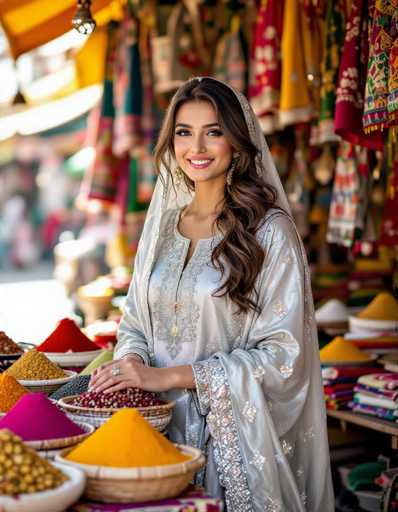 A radiant Pakistani woman, adorned in a silver-threaded Shalwar Kameez and hijab, stands amidst a vibrant spice and textile stall. The warm light highlights the rich colors of the spices and fabrics, creating a documentary-realistic scene with a focus on the woman's elegant presence.