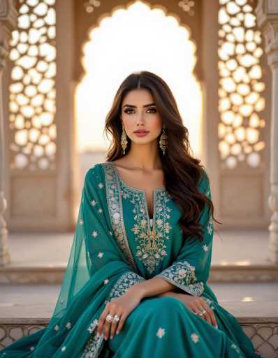 A stunning Pakistani woman graces the frame in a teal Shalwar Kameez, her flawless skin highlighted by soft sunset light. The ensemble features intricate metallic thread detailing and flows against the backdrop of ornate Mughal architecture, with delicate jali screens adding depth. The image embodies editorial fashion photography, emphasizing elegance and cultural beauty.