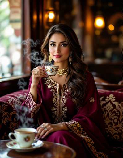 A sophisticated Pakistani woman graces a heritage tea house, elegantly seated on a velvet cushion. She holds a steaming chai, its aroma filling the intimate space. Her maroon Shalwar Kameez with gold zari borders and intricate paisley patterns are bathed in soft ambient lighting, creating a documentary-style realism. The portrait captures her serene presence.