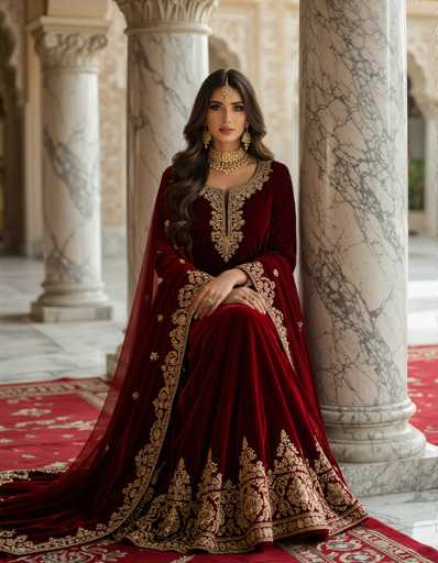 A captivating Pakistani woman, draped in a rich crimson velvet Shalwar Kameez adorned with intricate gold threadwork, commands attention. The low-angle shot highlights her elegant curves against a vintage red carpet and marble columns, bathed in dramatic chiaroscuro lighting. The ultra-detailed fabric textures create a high-fashion editorial aesthetic, emphasizing a mysterious and opulent presence.