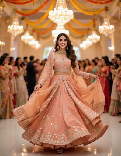 A radiant Pakistani woman in a peach Shalwar Kameez with intricate threadwork dances gracefully in a traditional wedding hall. Surrounded by ornate chandeliers and vibrant marigold garlands, she exudes joy with a warm smile. The motion blur on her flowing outfit enhances the dynamic movement in this high-dynamic-range, realistic portrait.