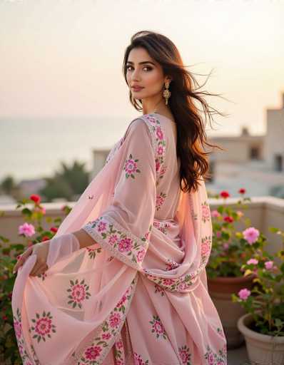 A serene, photorealistic image captures a dreamy Pakistani woman in a pastel pink Shalwar Kameez with floral motifs. She stands on a rooftop garden overlooking the sea at golden hour, her dupatta gently lifted by the breeze. The soft focus background enhances the serene mood, highlighting the woman's elegant pose and the warm, ethereal lighting.