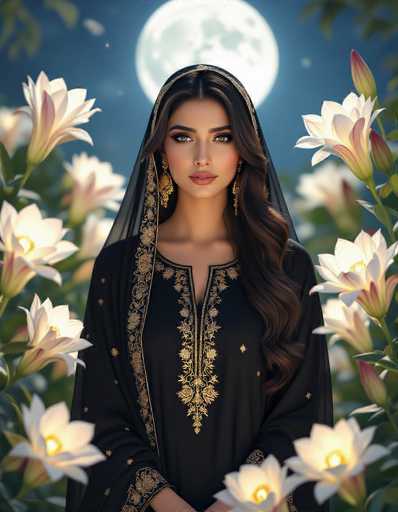 A serene Pakistani woman in a black Shalwar Kameez with gold detailing stands amidst blooming night-blooming cereus under a full moon. Her silhouette is softly framed by shadow, highlighting her glowing eyes in this dreamlike, realistic image with a soft focus. The spatial relationship places the woman centrally, surrounded by the luminous flowers and ethereal moonlight.