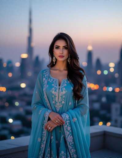 A captivating Pakistani woman in a sky-blue Shalwar Kameez with intricate mirrorwork stands confidently on a rooftop, gazing at the glittering city skyline at twilight. The soft bokeh of city lights creates a dreamy backdrop, highlighting her photorealistic beauty and magnetic presence with cinematic color grading.