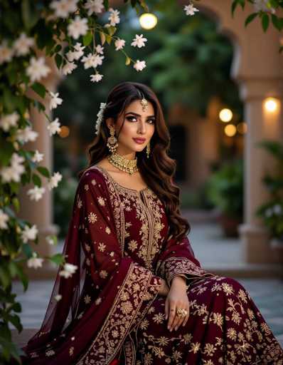 A stunning Pakistani woman graces a moonlit courtyard in Islamabad, wearing an exquisite maroon Shalwar Kameez with intricate gold embroidery. Jasmine flowers adorn her hair, creating a soft bokeh effect. The ultra-detailed fabric showcases realistic lighting and a filmic composition, highlighting her graceful pose in this beautiful portrait.