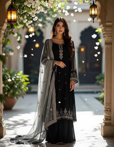 A captivating Pakistani woman graces a moonlit courtyard in a black Shalwar Kameez, her sheer silver-embroidered dupatta flowing gracefully. Jasmine blossoms drift in the soft light, casting dramatic chiaroscuro shadows. The high-fashion editorial captures a moment of ethereal beauty with cinematic realism, emphasizing the model's elegant presence.