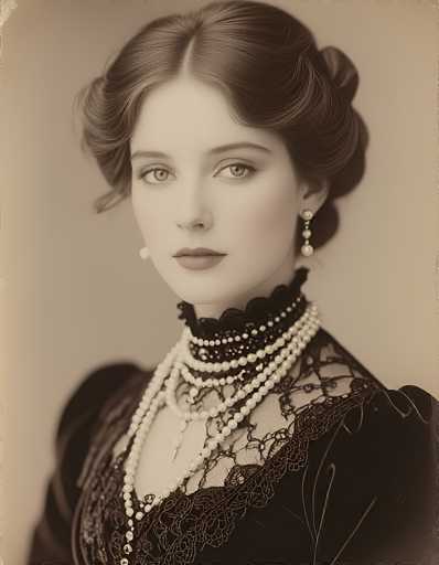 This image is a detailed black-and-white photograph of a woman, likely from the 1800s, possibly a painting or a highly realistic drawing. The woman has dark hair styled in an elaborate updo, with a few wispy bangs framing her face. She has light-colored eyes, possibly blue, and is wearing a dark dress with intricate lace detailing around the neckline and shoulders. The dress appears to have puffy sleeves, though the image cuts off at her chest, making it difficult to see the full style. 

Her makeup is subtle yet elegant, with a light application of lipstick and a touch of blush on her cheeks. She is adorned with multiple strands of pearls around her neck, with the longest strand draping down her chest. Additionally, she wears a pearl-like button on her right cheek and a dangling pearl earring on her left ear. The background is a plain light gray, which further accentuates the woman's detailed features and attire.