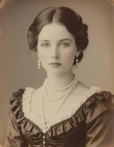 A woman is captured in a vintage black and white photograph. She is wearing a long dress with a ruffled collar and lace sleeves, and her hair is styled in an elegant updo. The background of the image is a plain gray color, which contrasts with the woman's attire and accentuates her presence in the frame.