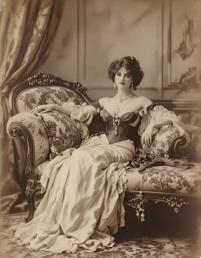 A vintage black-and-white photograph captures a woman seated on an ornate, antique-style sofa. The image, which has a subtle sepia tone, evokes a sense of nostalgia. The woman, dressed in an elaborate gown, exudes elegance and poise. Her hair is styled in an intricate updo, adorned with a delicate flower clip. She wears long, dangling earrings and a multi-strand pearl necklace, complemented by a long, beaded pendant that drapes down her chest. Her gown features a bustier top with puffy sleeves that extend to her elbows, and a voluminous skirt that cascades to the floor. The sofa she sits on is equally grand, with a high backrest and intricately carved wooden arms. The cushioning of the sofa is patterned with floral designs, adding to the overall opulence of the scene.