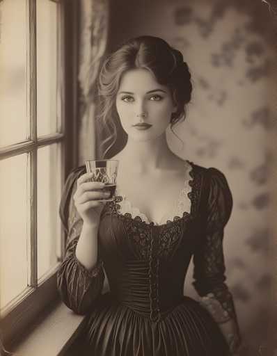 A woman is captured in a moment of quiet elegance against an old-fashioned backdrop. She stands before a window with white curtains that filter the light into her room, casting soft shadows and highlighting her features. The woman holds a glass filled with red wine, its rich color contrasting with the muted tones of the scene. Her attire consists of a long dress adorned with lace sleeves, adding an air of sophistication to her appearance.