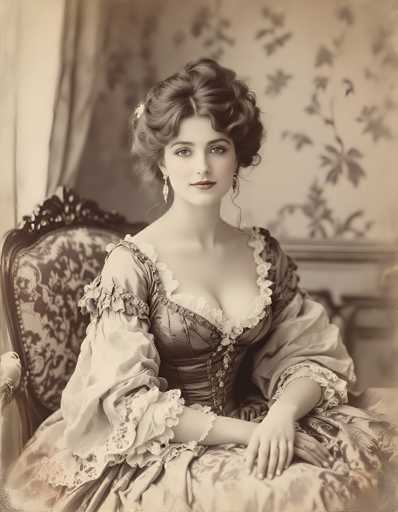 This black and white photograph, likely from the 1800s, features a young woman in her early 20s, seated in an ornate wooden chair with a floral-patterned cushion. The woman, who has fair skin and dark hair styled in an elaborate updo with curls cascading down the sides, gazes directly at the camera with a composed expression. She wears long, dangling earrings and a low-cut dress adorned with intricate lace details, including ruffles around the sleeves and chest. The dress, which appears to be made of a shiny material, possibly satin or silk, is form-fitting at the bodice and flares out dramatically at the bottom. Her left arm rests on her lap, with her hand gently placed on her right arm, which is draped over the chair's armrest. The background features a wall with a floral pattern, adding to the vintage ambiance of the scene.