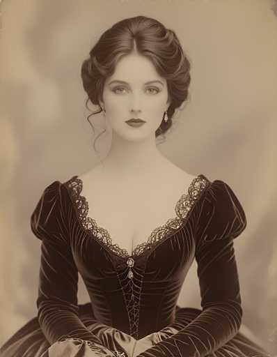 This image features a meticulously detailed, AI-generated portrayal of a Victorian woman. The subject is depicted from the waist up, adorned in a richly textured, dark brown velvet dress. The dress is intricately designed with a deep V-neckline, embellished with delicate lace trim that extends from the neckline down to the bust. The dress's sleeves are puffy and reach the elbows, adding to the period authenticity.

The woman's complexion is strikingly pale, almost unnaturally so, which contrasts with her dark brown hair styled in an elegant updo. A few soft curls frame her face, adding a touch of whimsy. Her makeup is subtle yet striking, with dark lipstick and eye shadow that accentuate her features. She wears drop earrings, which dangle gracefully from her ears, completing her sophisticated look.

The background is a muted gray, ensuring that the focus remains entirely on the woman. The overall image has a sepia tone, enhancing its vintage aesthetic. Despite the high level of detail, there is a noticeable smoothness to the image, particularly in the woman's face, which hints at its AI-generated origin.