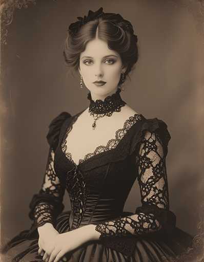 This image depicts a Victorian-era woman, likely from the 1800s, dressed in an elaborate black gown adorned with intricate lace details. The dress features a high collar that extends up to her neck, complemented by a choker necklace with a prominent black pendant. Her sleeves are long and puffy, with lace extending from the elbows to the wrists. The woman's hair is styled in an updo, with a black bow or ribbon accentuating the back of her head. She wears long, dangling earrings that add to her elegant appearance. Her expression is serious, with dark lipstick highlighting her lips. The photograph has a sepia tone, giving it a vintage feel, and is framed with ornate corners, enhancing its antique aesthetic.