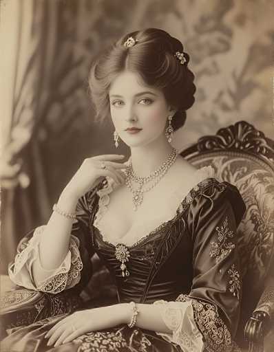 A vintage portrait of a woman in a dark, ornate gown. The image is sepia-toned and has a slightly faded, antique quality, suggesting it's an old photograph. She is seated in a luxurious armchair with intricate detailing on the upholstery, and her hands are delicately clasped. She wears a multi-layered pearl necklace with a large diamond pendant, and her dress features lace detailing on the neckline and sleeves. Her hair is styled in an elaborate updo, adorned with a decorative hairpiece. The woman's expression is serene and her gaze is directed slightly off-center, creating a sense of elegance and timelessness. The background is softly blurred, drawing focus to the woman in the foreground.
