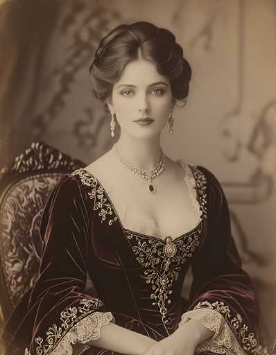This image portrays a Victorian-era woman, likely from the 1800s, seated in an ornate chair. The photograph, rendered in a sepia tone with a slight reddish hue, captures her poised and elegant demeanor. She is adorned in a luxurious velvet gown, intricately detailed with lace and floral patterns. The dress features a deep neckline, revealing a hint of cleavage, and is cinched at the waist with a corset-like bodice. Her hair is styled in an elaborate updo, and she wears long, dangling earrings and a matching necklace, both embellished with what appear to be diamonds. The woman's expression is serious, and she gazes directly at the camera, exuding a sense of dignity and grace. The background is blurred, ensuring that the focus remains entirely on her.